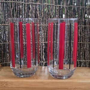 Vintage 1940s Anchor Hocking Red and Black Striped Glass Tumblers 5" Height
